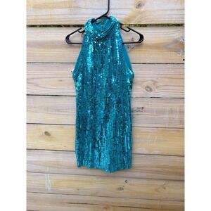Robert Anthony Teal Sequin Mini Dress Women 12 Mock Neck Keyhole Back Disco Glam